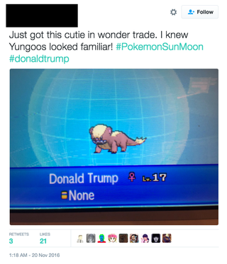 Illustration for article titled Pokemon Sun and Moon's Wonder Trade Is Full of Monsters Named Donald Trump
